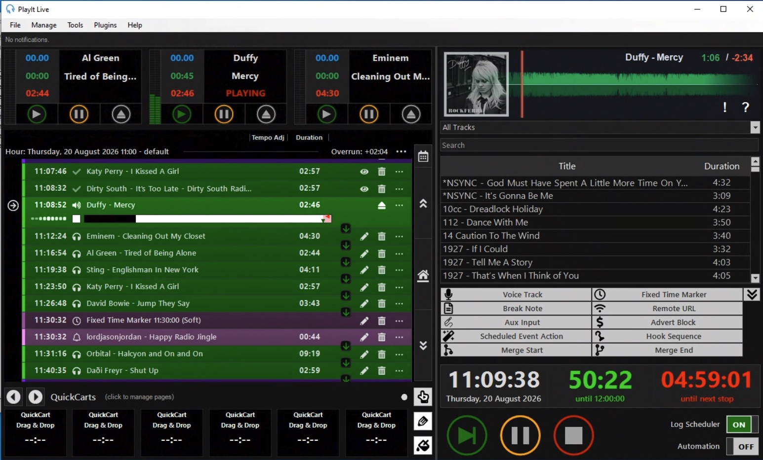BoomScroller running inside PlayIt Live — scrolling waveform with album art, timers and playhead