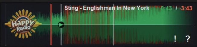 BoomScroller waveform close-up — green waveform, red playhead, live timers